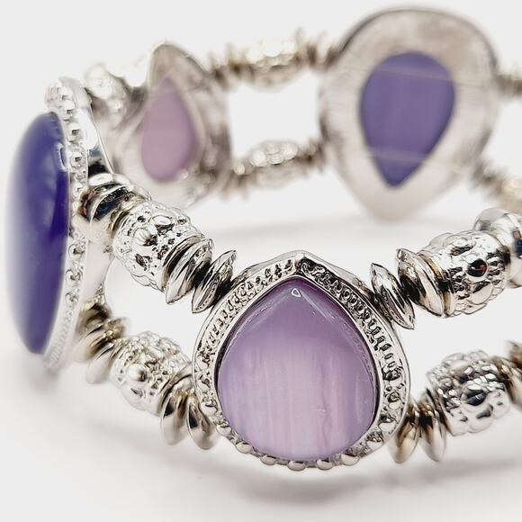 Purple Lavender Silver Stretch Bracelet Teardrop Cabochon 7” Elegant - Picture 7 of 8